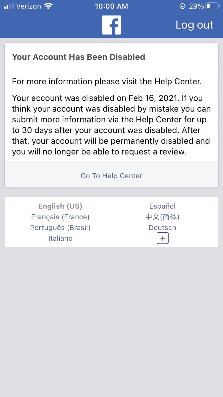 Screen shot of disabled Facebook Account