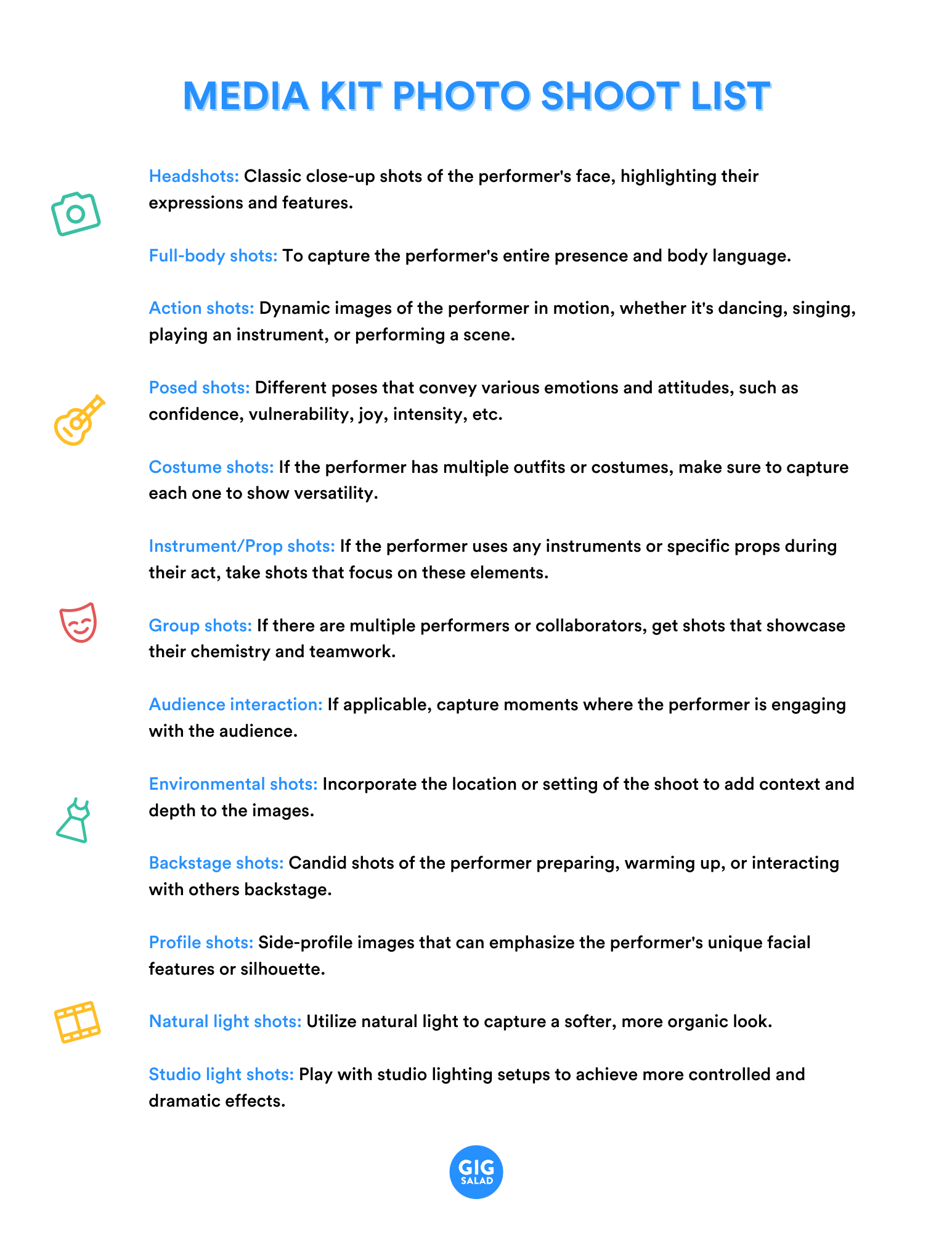 Media kit photo shoot list