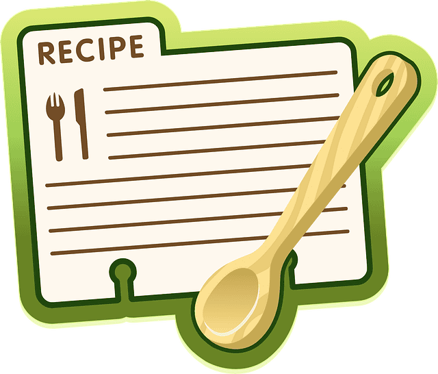 Recipe card with wooden spoon, cartoon style illustration, suitable for food recipe content, vibrant colors.