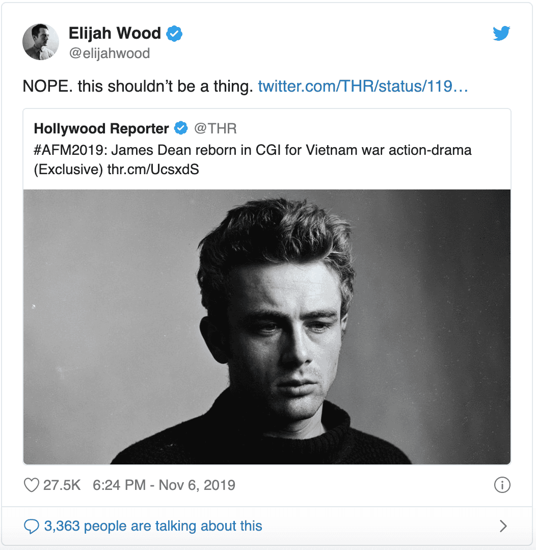 James Dean CGI Vietnam war action-drama actor black and white photo, Hollywood celebrity reboot.