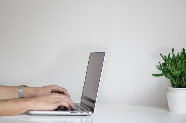 Laptop user typing on a silver laptop at a clean white desk with a green potted plant in the background; modern workspace for digital music and media professionals.