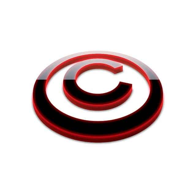 © copyright symbol in red and black 3D design, representing intellectual property, legal rights, and copyright protection for creative works and digital content.