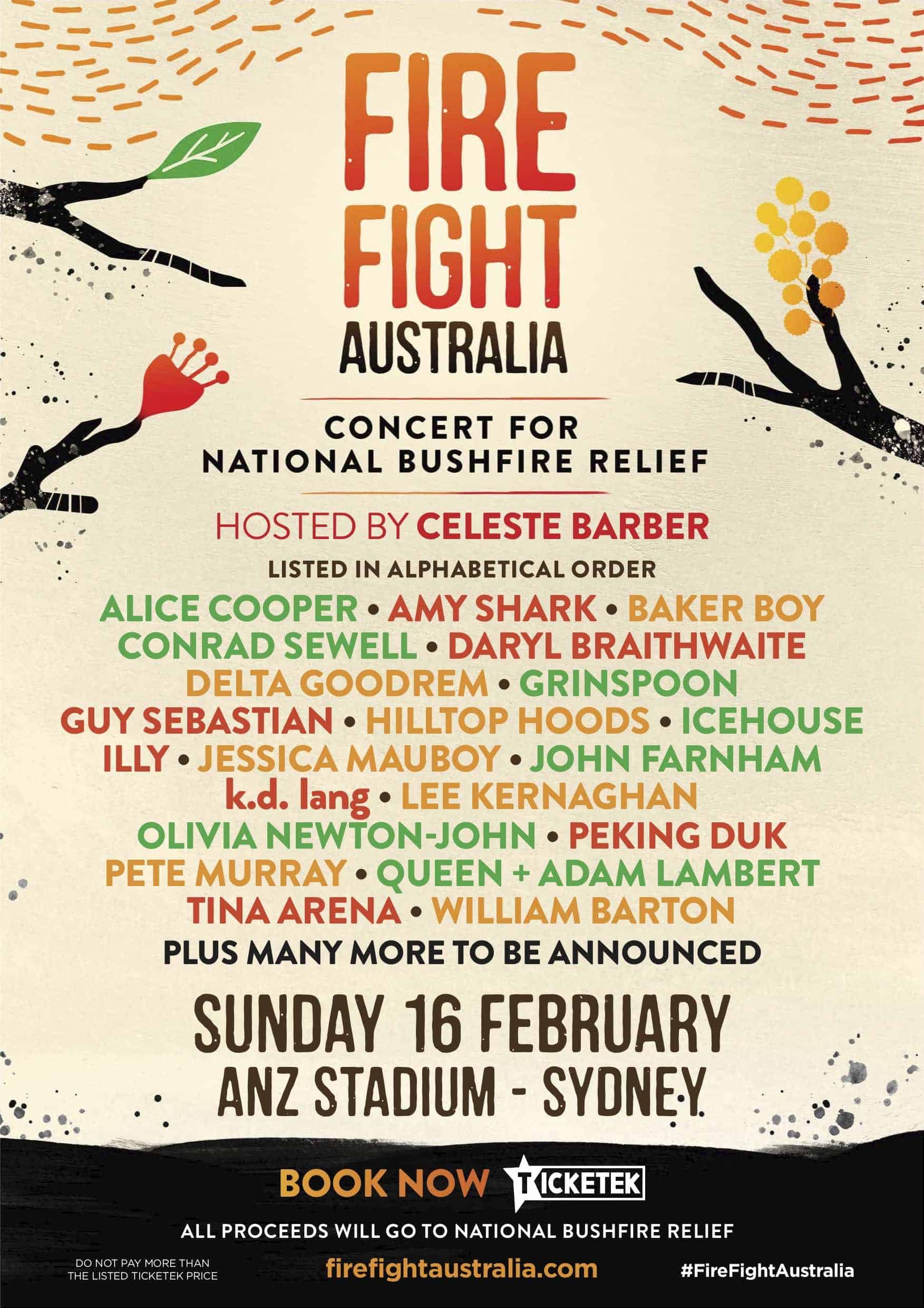 Fire fight australia concert poster for national bushfire relief, featuring lineup of musicians and artists, event date February 16 at ANZ Stadium, Sydney, with details for ticket booking and donations.