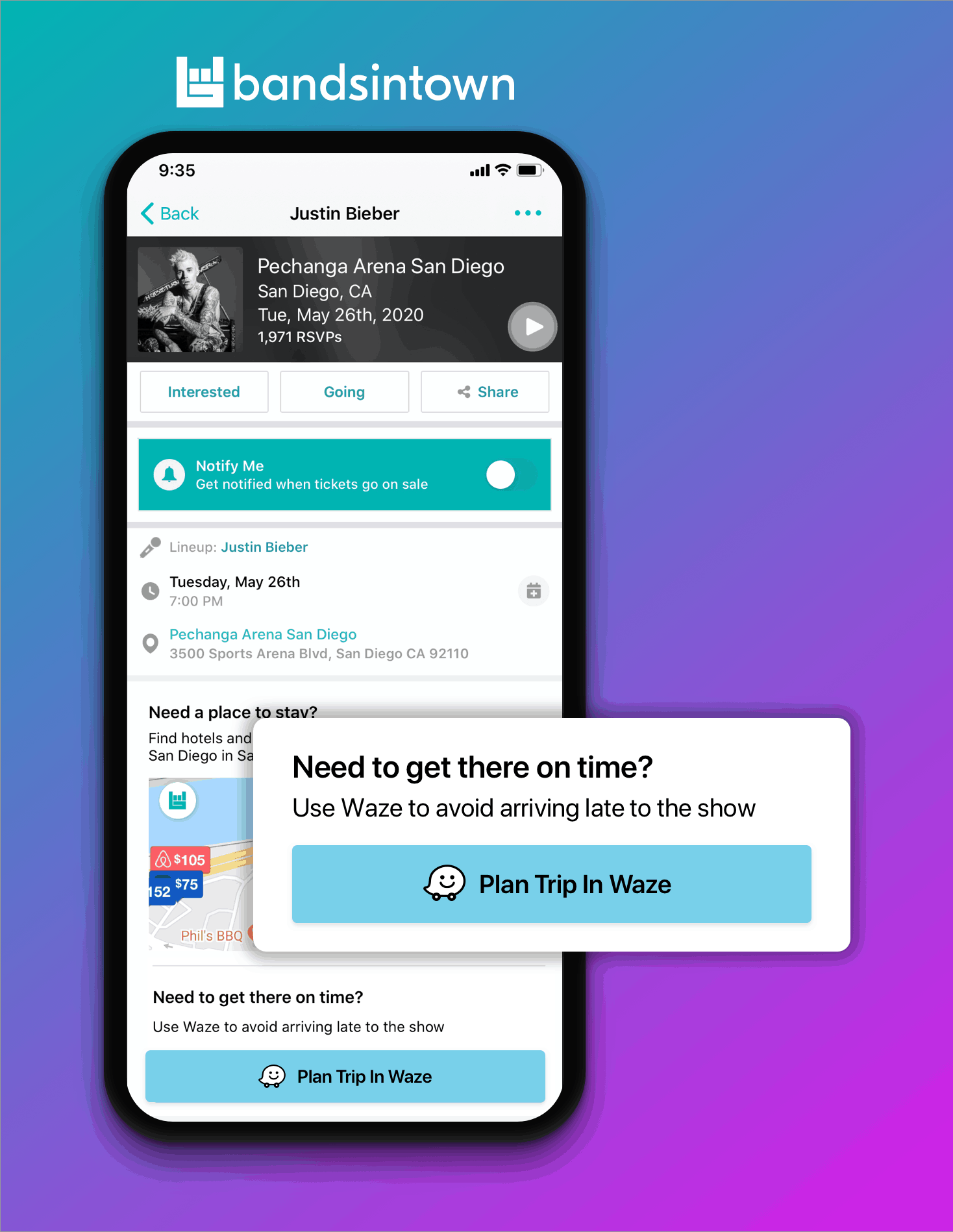 Bandsintown concert ticket booking app interface showing Justin Bieber's concert at Pechanga Arena San Diego, with ticket options and travel planning features.
