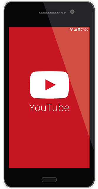 Mobile phone displaying the YouTube app icon on a red background, representing digital streaming and online video content.