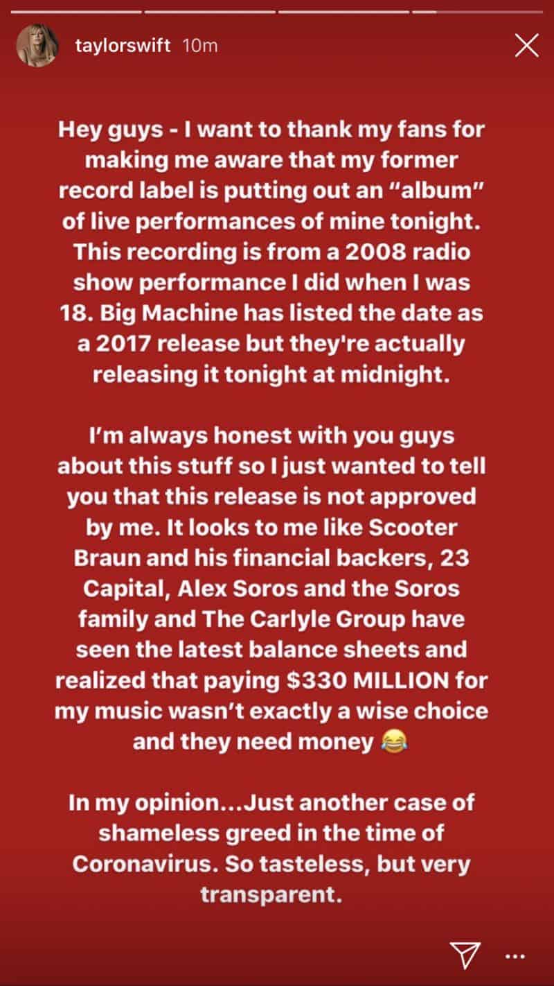 Unverified Instagram post from Taylor Swift discussing her 2008 radio performance and legal issues with her music release.