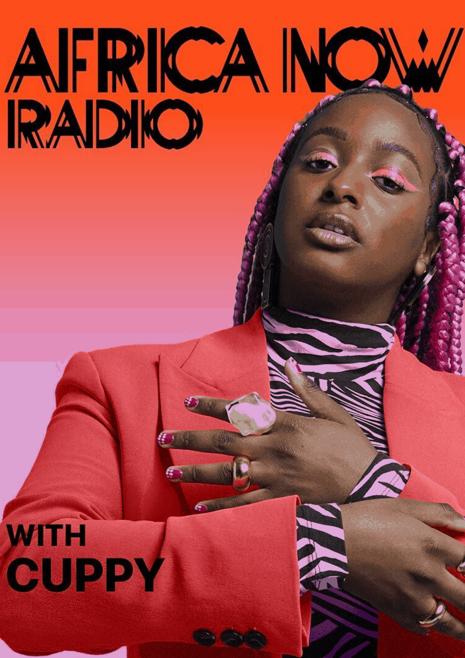 Africa now radio show host with guppy featuring bold fashion and vibrant pink braids, promoting African music and culture on Hypebot's Africa Now Radio episode.