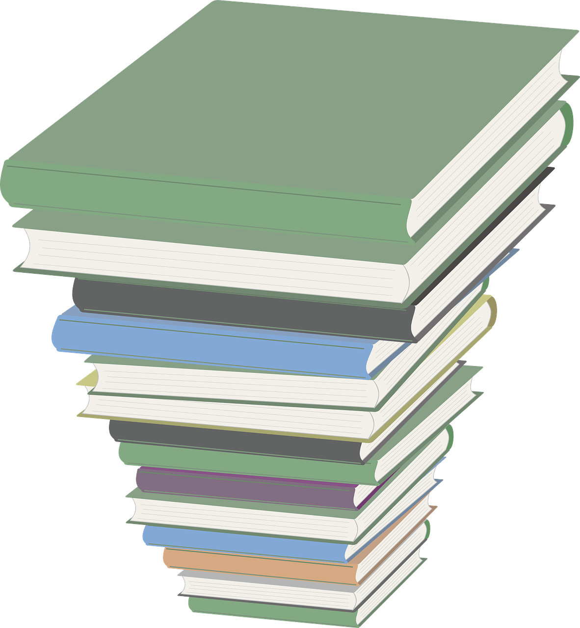Cluttered stack of books on a green background, representing literature, reading, or study themes for educational or library content.
