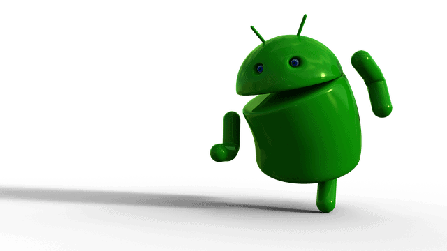 Android robot mascot walking on a dark background, symbolizing mobile technology and app development.