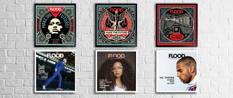 Flood art activism posters promoting future change and empowering voices, alongside a photo of a performer in a blue suit, a woman with curly hair and glasses, and a man in profile, emphasizing music, activism, and creative expression.