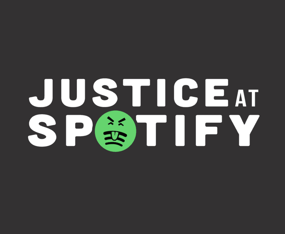 Justice at spotify angry face emoji logo representing music industry issues and social justice advocacy on digital streaming platforms.