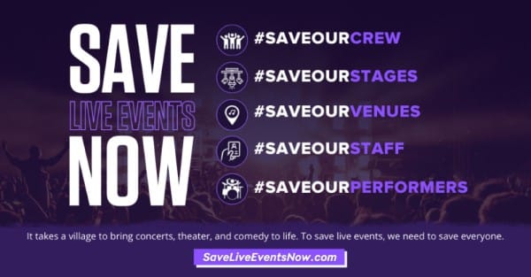 Save live events now promoting crowd support for concerts, theater, comedy, and festivals with hashtags for crew, stages, venues, staff, and performers.