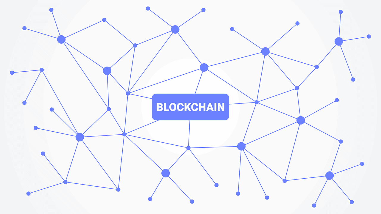 Distributed network diagram illustrating blockchain technology with interconnected nodes and data flow.