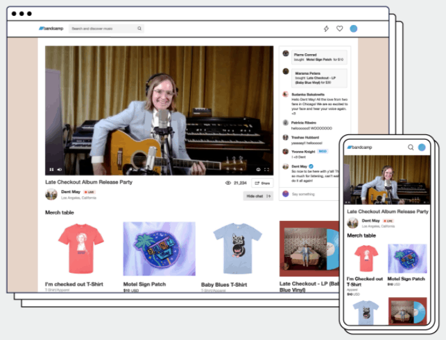 Girl playing acoustic guitar and singing during a live virtual music event, streaming on Bandcamp platform.