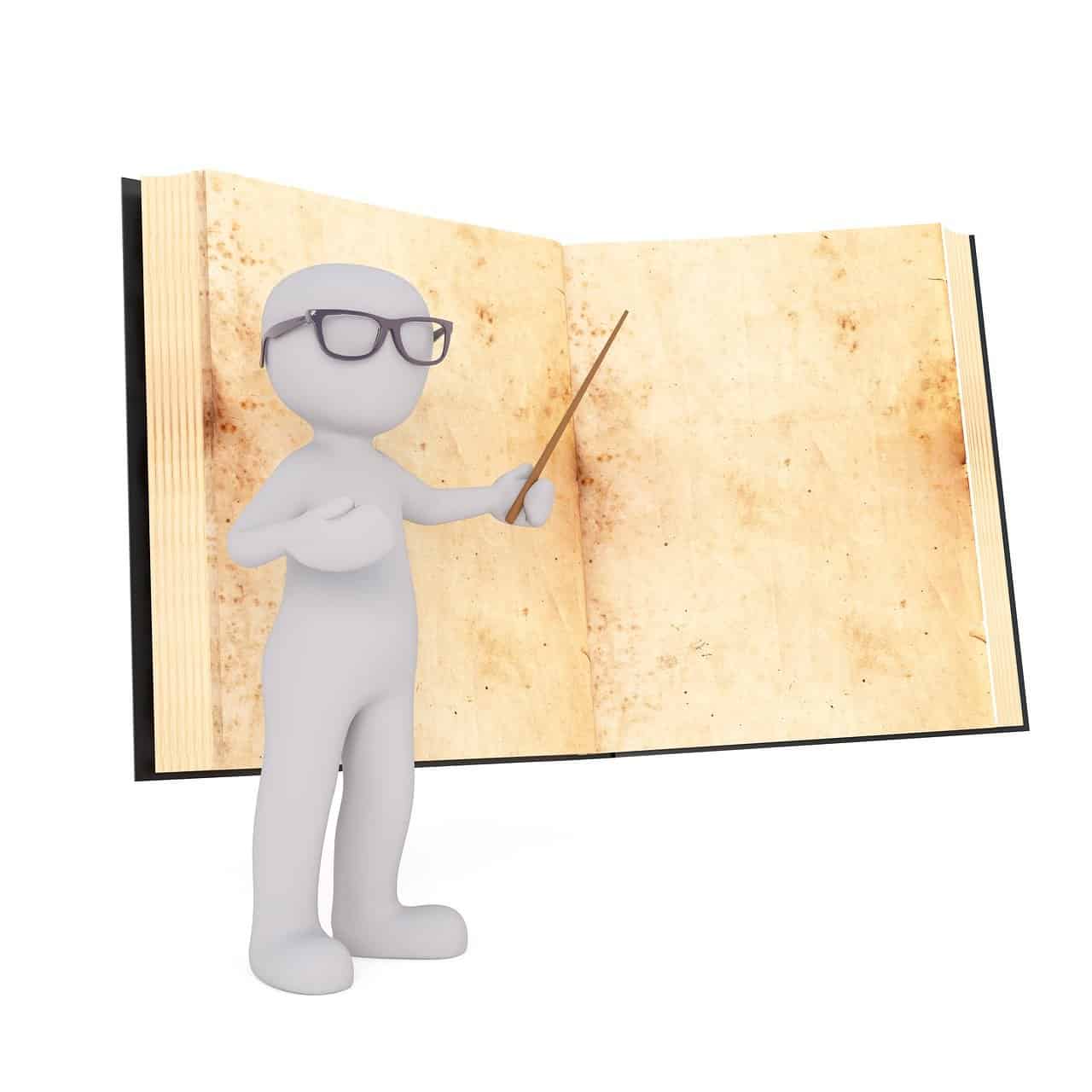 Open book with aged pages, 3d humanoid figure wearing glasses and holding a pointer, representing digital content, music industry, or online learning, relevant to Hypebot's music and media analytics topics.
