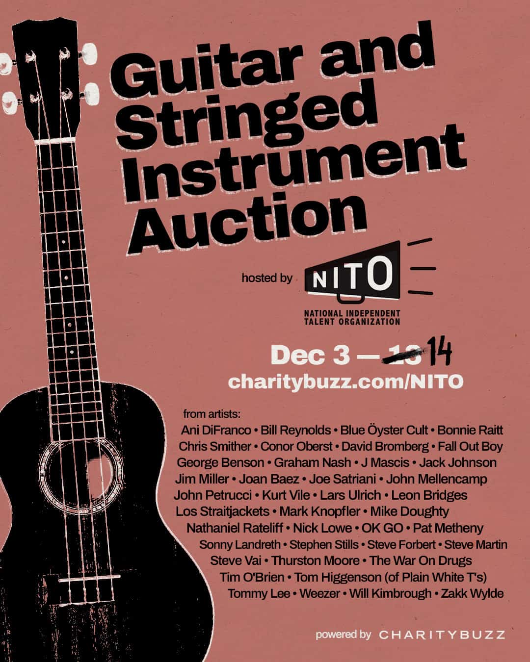 Guitar and stringed instrument auction flyer with artists lineup, hosted by NITO, featuring music event details, date, and sponsor information for musical instrument enthusiasts and collectors.