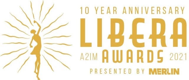 Celebrating the 10-year anniversary of the LIBERA Awards with a golden logo, featuring a stylized female figure, rays emanating from her, and text highlighting the event's milestone and award presentation by Merlin.