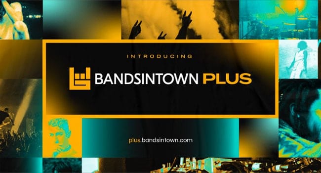 Bandsintown plus new music promotion platform logo with concert crowd and DJ in background, music industry event, digital marketing for artists, innovative concert promotion tools, music artist engagement SEO.