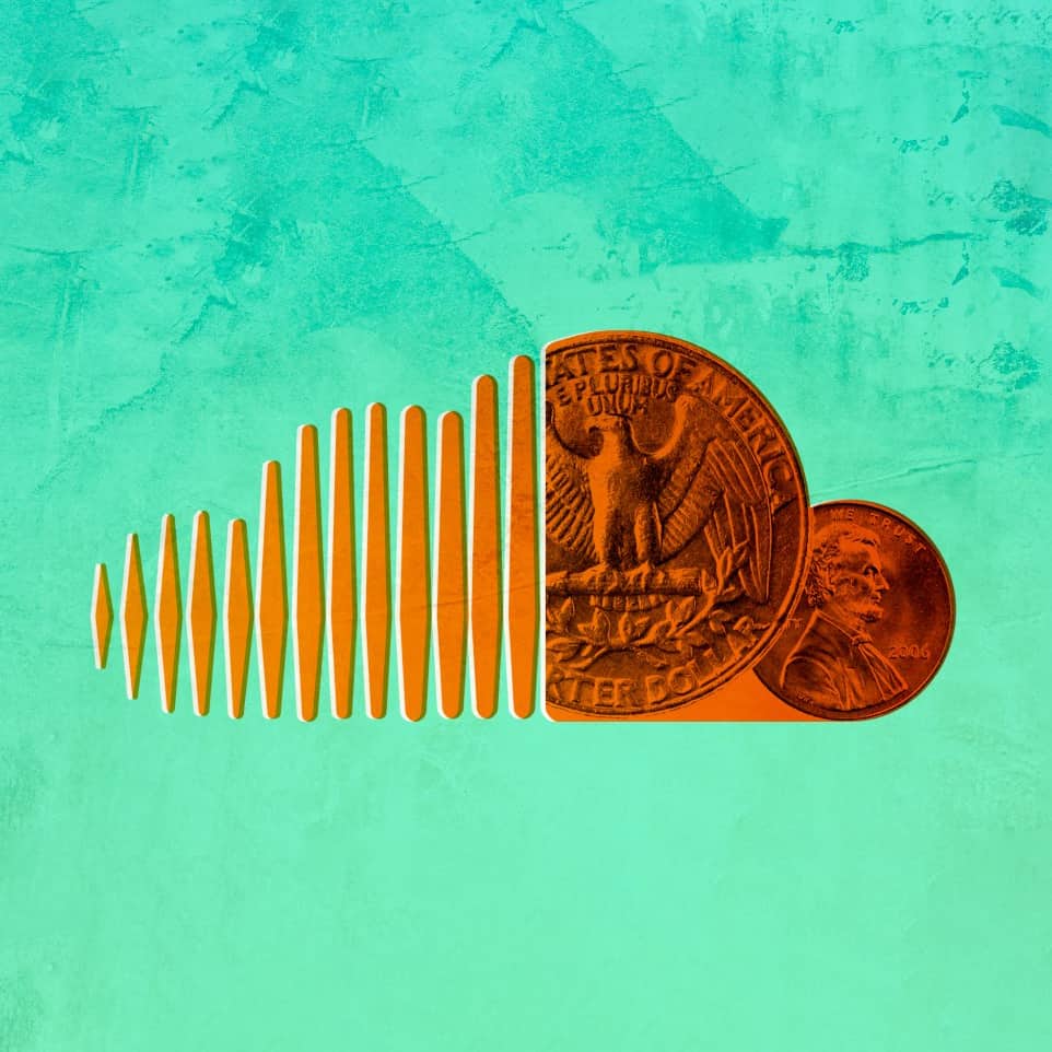 Bar chart with American coins illustration, representing music industry revenue and digital payments, vibrant turquoise background, concept of music economy, monetization, and streaming revenue in the digital age.