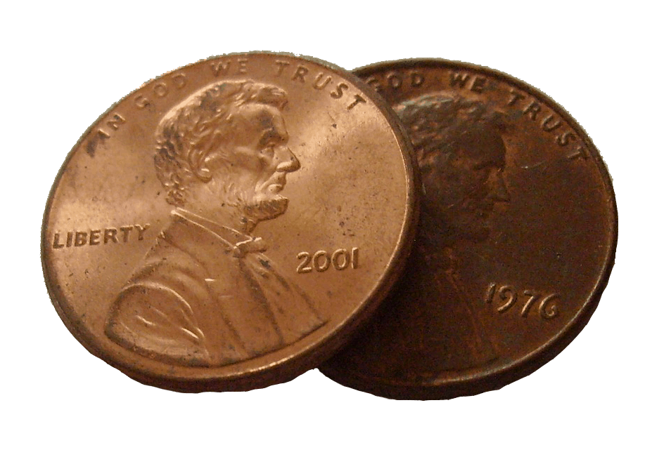 Shiny copper Lincoln pennies from 2001 and 1976 with detailed portraits of Abraham Lincoln. Collectible coin ages, vintage currency, and American Memorial coins.