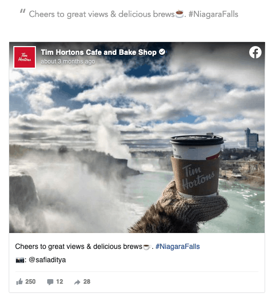 Tim Hortons coffee cup at Niagara Falls, showcasing popular beverage branding and scenic sightseeing, perfect for social media and tourism visuals.