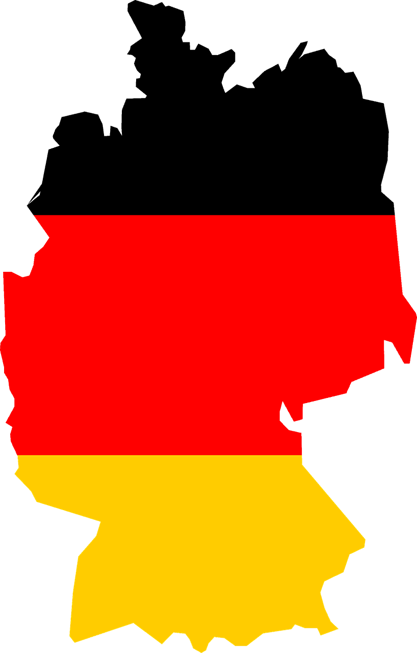 German flag map outline representing Germany with black, red, and gold colors, used for travel, geography, or cultural content.