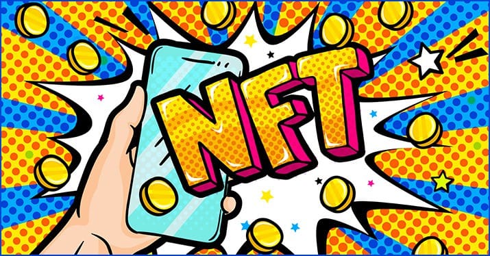 NFT digital collectible artwork displayed on a smartphone screen with vibrant comic-style background.