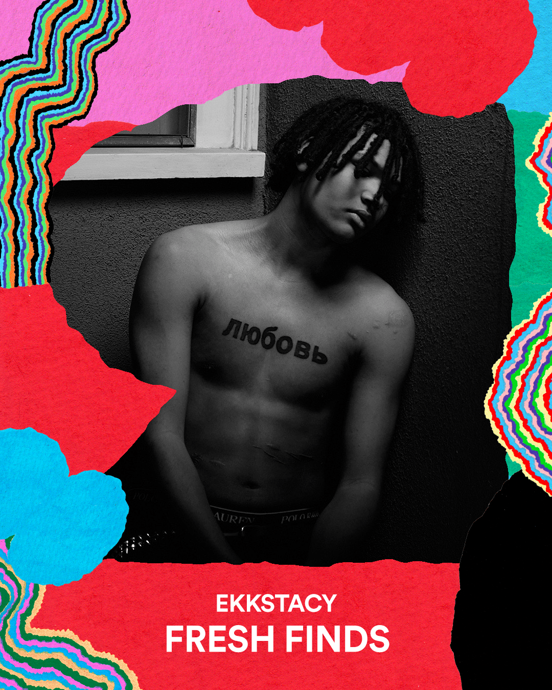 Dark-haired young man with a tattoo on his chest, black and white portrait with colorful abstract border, hip hop and music culture, expressive pose, artistic photography, EKKSTACY, innovative music artist, fresh finds.