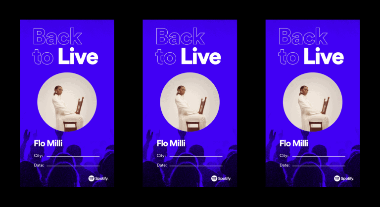 Back to live concert promotional poster featuring Flo Milli with a vibrant purple background and crowd silhouette.