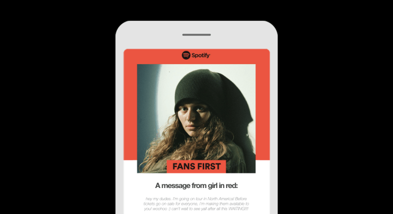 A young woman wearing a beanie on a smartphone screen promoting music fan engagement and personalized messaging in the music industry.