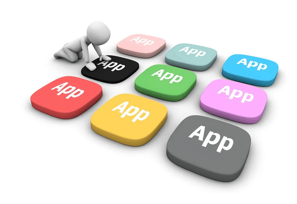 Colorful app icons representing mobile applications with a 3D human figure selecting one, symbolizing app selection and mobile app development.
