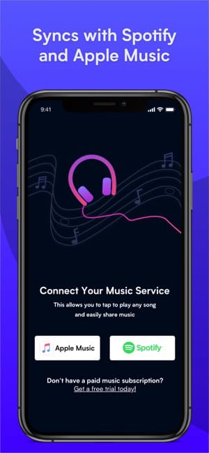 Syncs with Spotify and Apple Music for seamless music streaming, sharing, and playlist management on mobile devices. Ideal for music lovers and digital music service users.