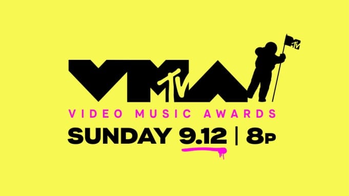 MTV Video Music Awards promotional poster featuring vibrant yellow background, bold black text, and iconic statue holding a flag, highlighting event details for increased visibility.