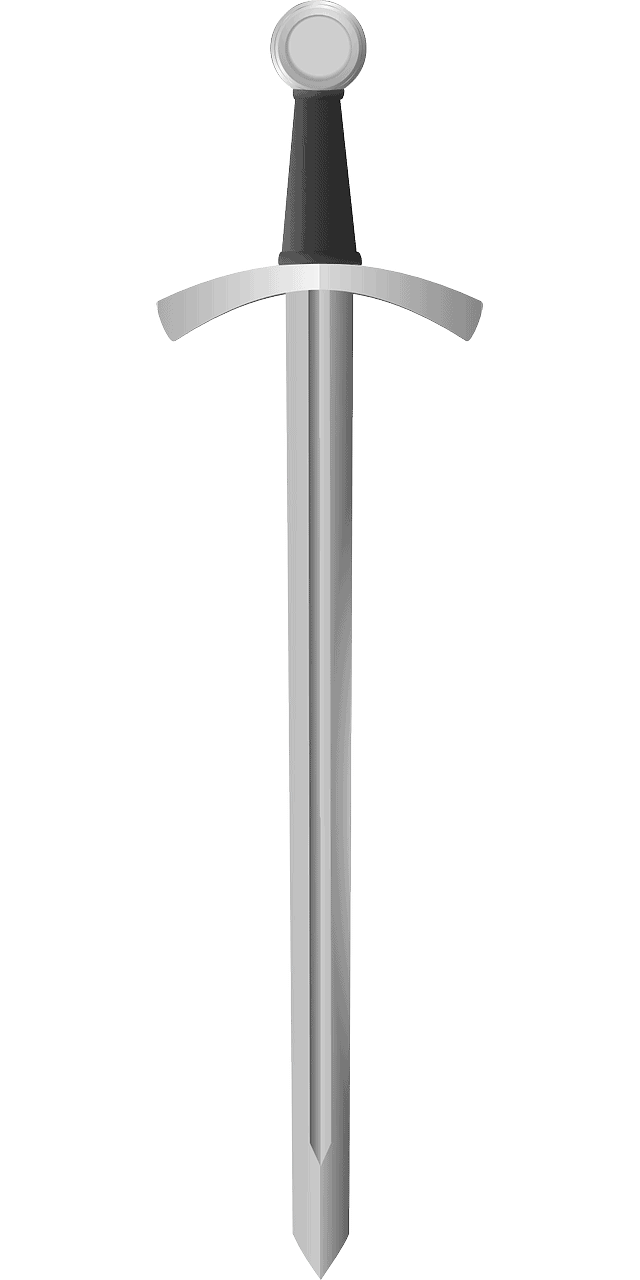 Silver medieval sword with black handle and round pommel for blog articles.