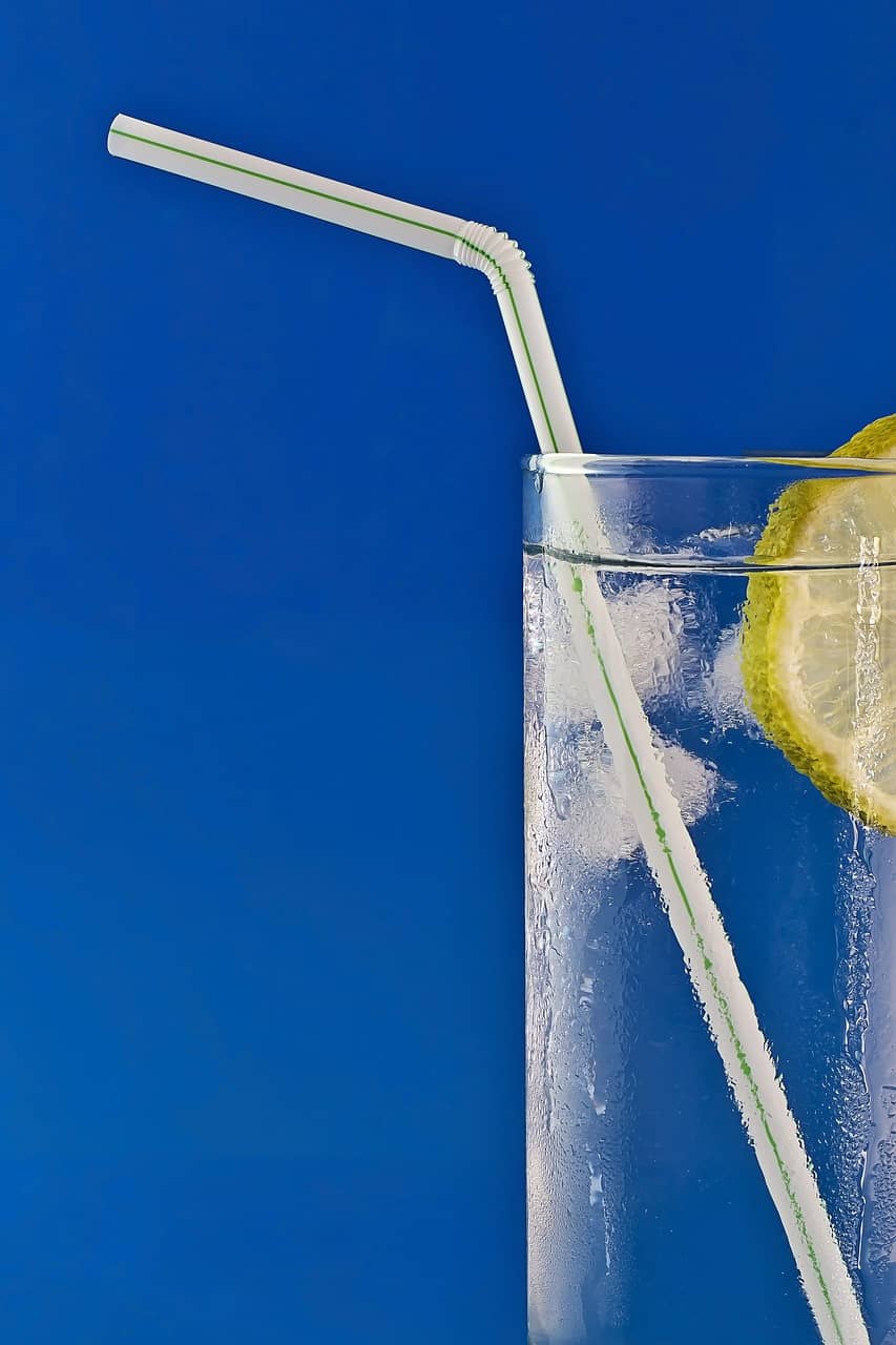 Refreshing cold glass of sparkling water with lemon slice and green straw on blue background – perfect for hydration and healthy drinking habits.
