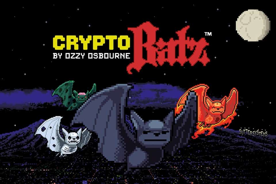 Crypto by Ozzy Osbourne pixel art album cover featuring cartoon bats, moonlit night, and dark fantasy style, perfect for music and entertainment SEO keywords.