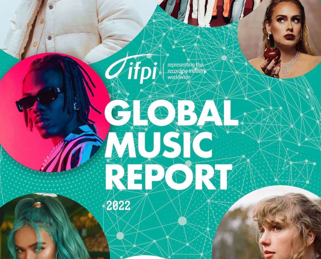 DIPi Global Music Report 2022 cover featuring diverse artists and industry data representing the worldwide recording industry and music trends.