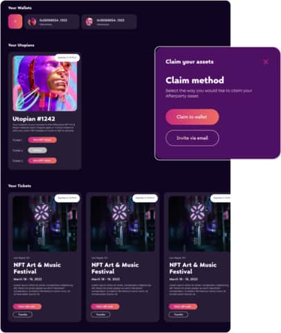 NFT art and music festival ticketing platform interface showcasing digital collectibles, ticket options, and asset claim methods for artists and attendees.