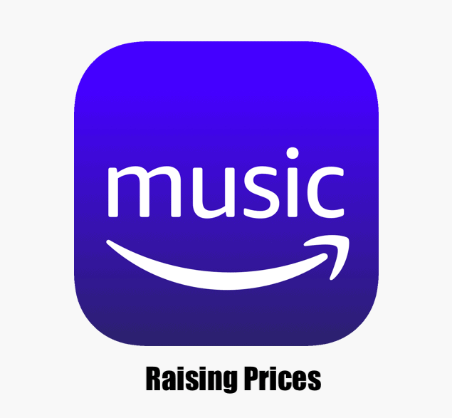 Music app icon with Amazon smile logo and "Raising Prices" text, representing music streaming price increase.