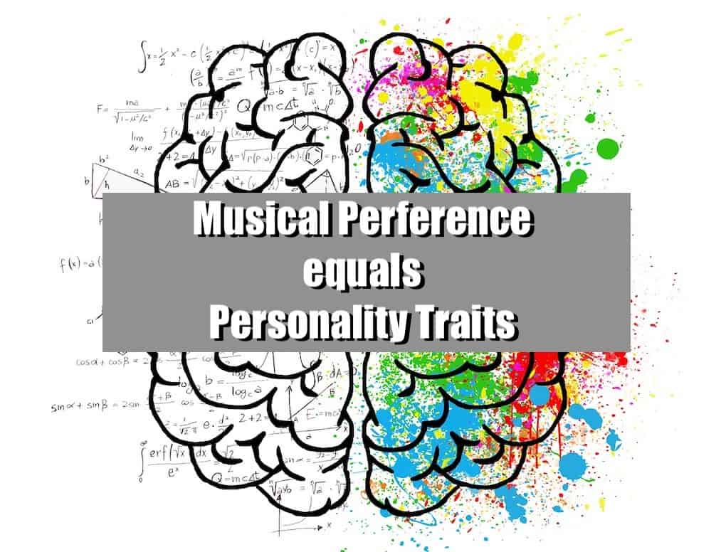 Brain illustration with musical notes and colors representing personality traits and musical performance concepts.