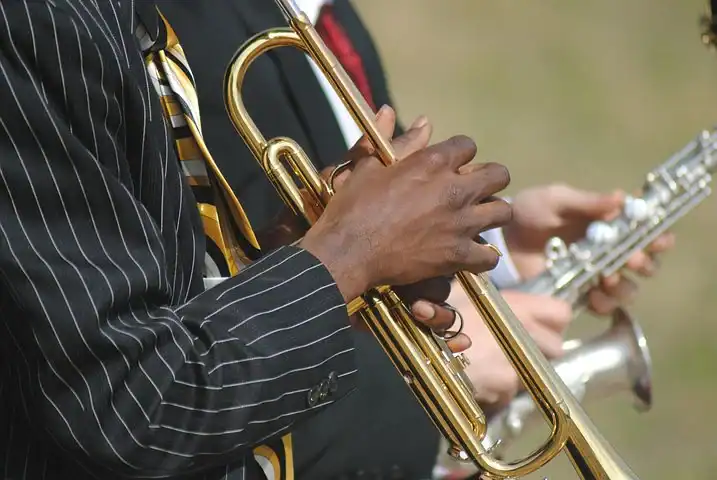 Photo of a musician playing a trumpet at an outdoor event representing music and performance insights for Hypebot SEO keywords, with a focus on live music, jazz, and concert updates.