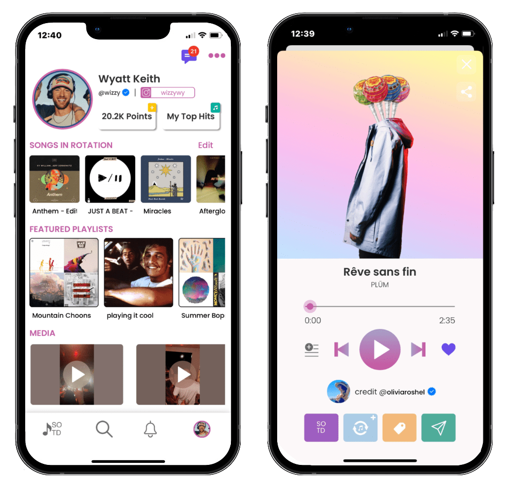 User-generated music streaming app interface featuring playlists and song controls, emphasizing social sharing and digital music culture.