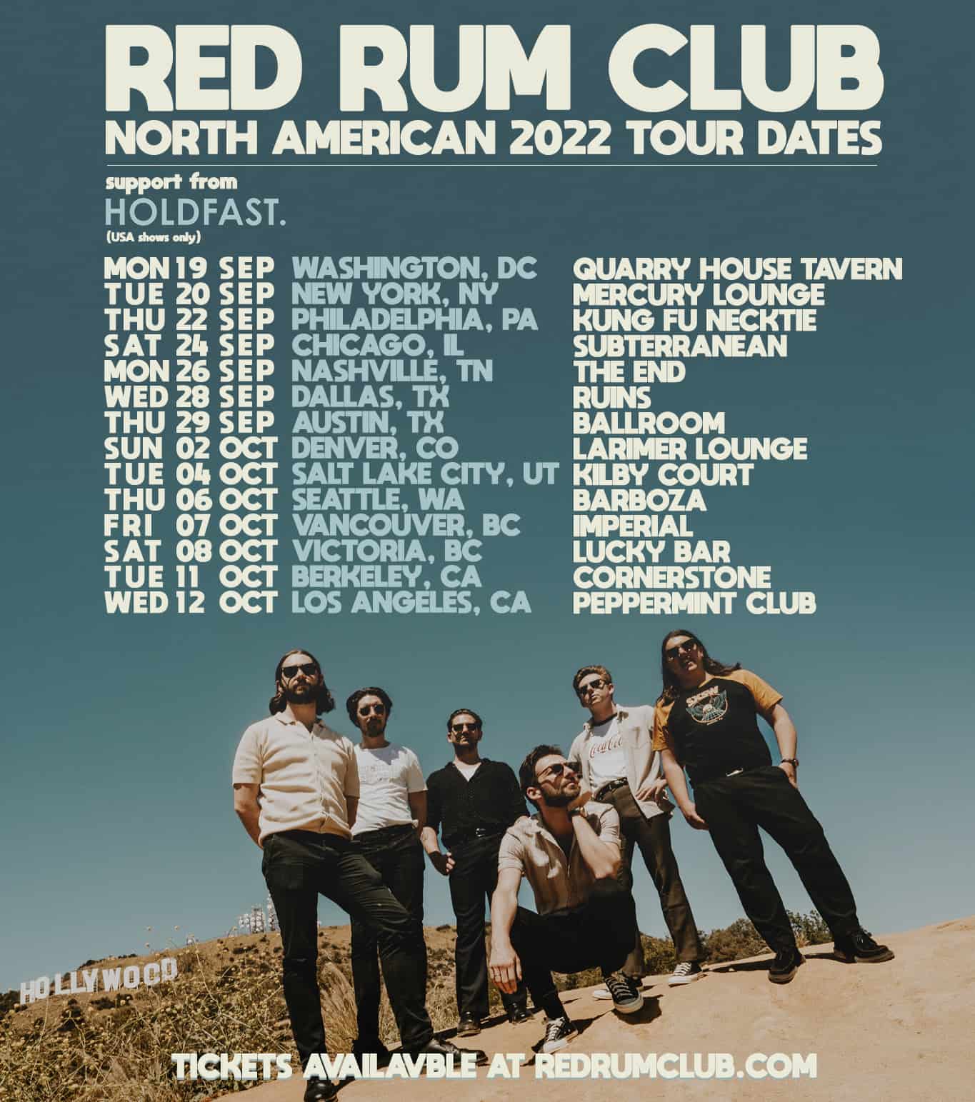 Red Rum Club North American 2022 Tour dates poster with band members in front of the Hollywood sign, promoting concerts across major US cities, with ticket information at redrumclub.com.