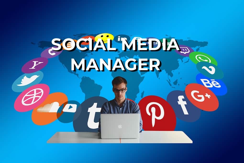 Social media manager working with various social media platform icons on a digital blue background, emphasizing social media marketing, digital branding, and online community management.
