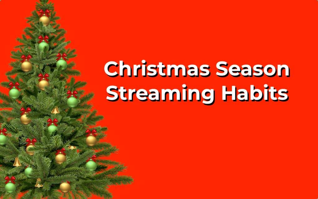 Festive Christmas tree decorated with gold and green ornaments for holiday streaming habits and holiday content marketing.