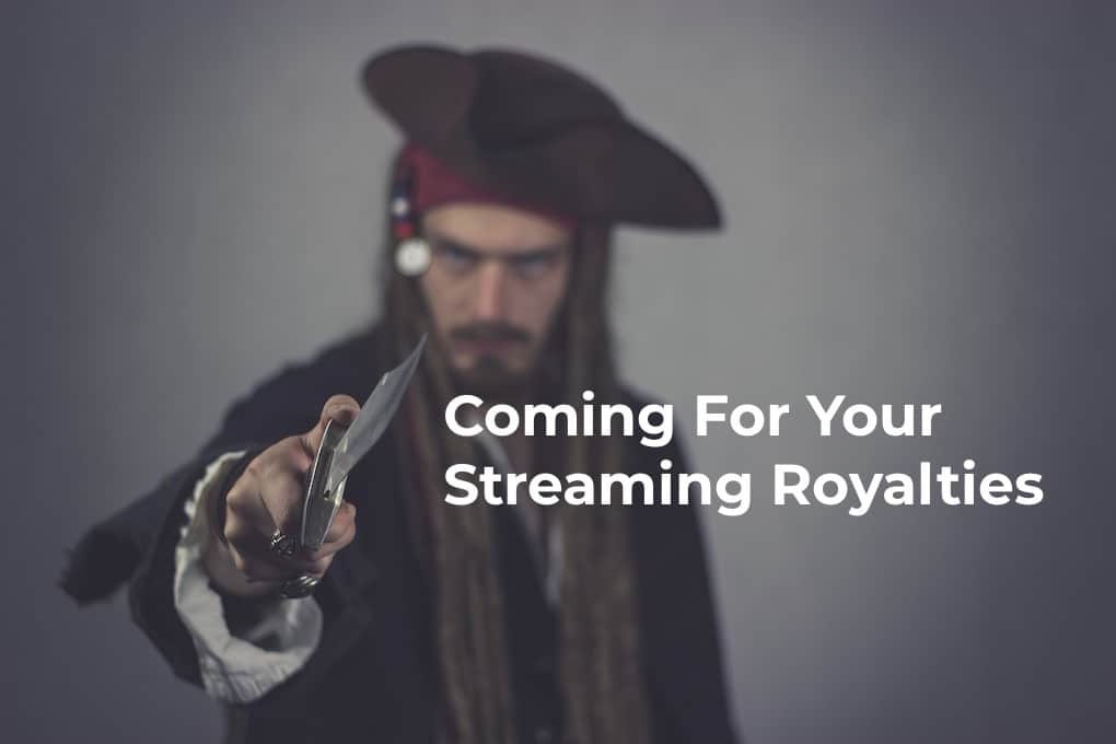 Pirate costume with sword and hat for streaming royalties promotion, pirate character promoting digital media royalties, pirate holding sword with streaming royalties text, a pirate dressed up for a streaming royalties announcement, relevant to digital media, streaming, royalties, and entertainment industry.
