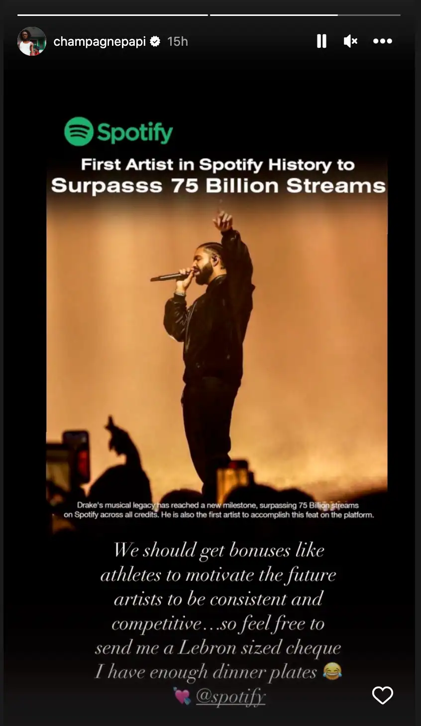 Spotify milestone celebrating Drake surpassing 75 billion streams on the platform, highlighting his music legacy and industry achievements.