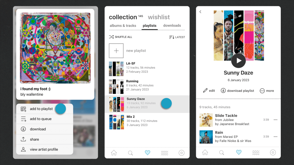 Colorful digital music playlist interfaces featuring album art, playlists, and music controls, emphasizing music discovery, streaming, and playlist management for music enthusiasts.