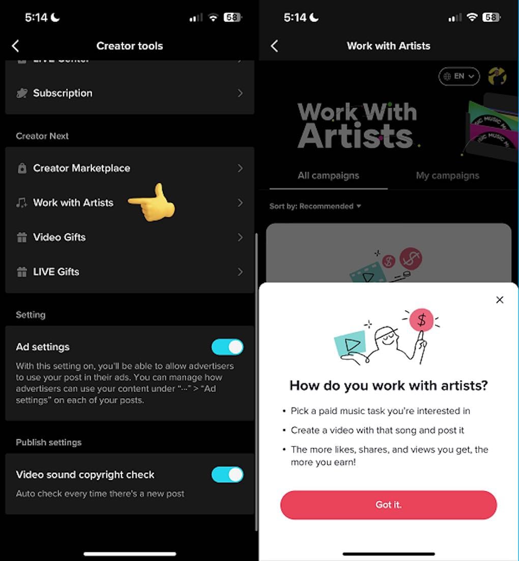 NFT creator tools interface showcasing "Work with Artists" feature to monetize music collaborations.