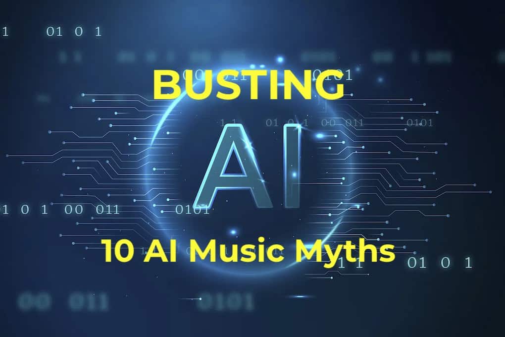 AI music technology concept with digital data and futuristic design, illustrating AI's impact on music production and industry innovation.
